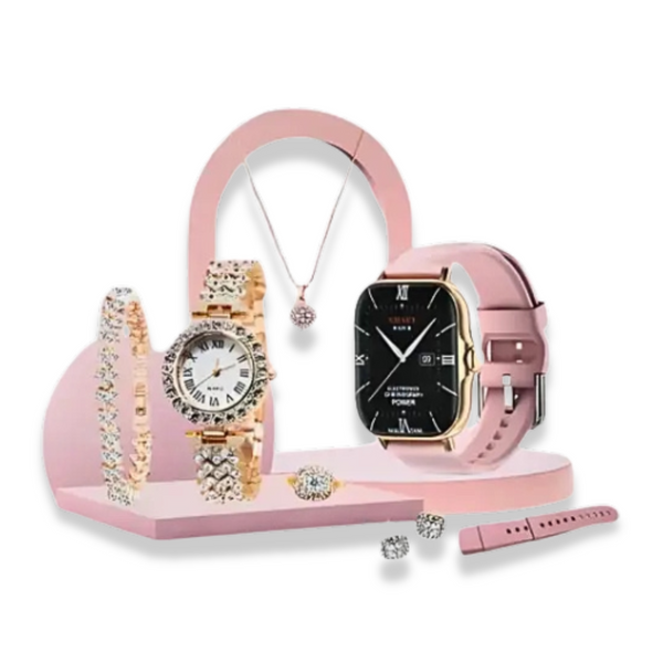 A58 Plus 5 IN 1 SmartWatch with Additional Women's Diamond Set Small Gold Watch Necklace Ring Earrings Bracelet Set Gift Box