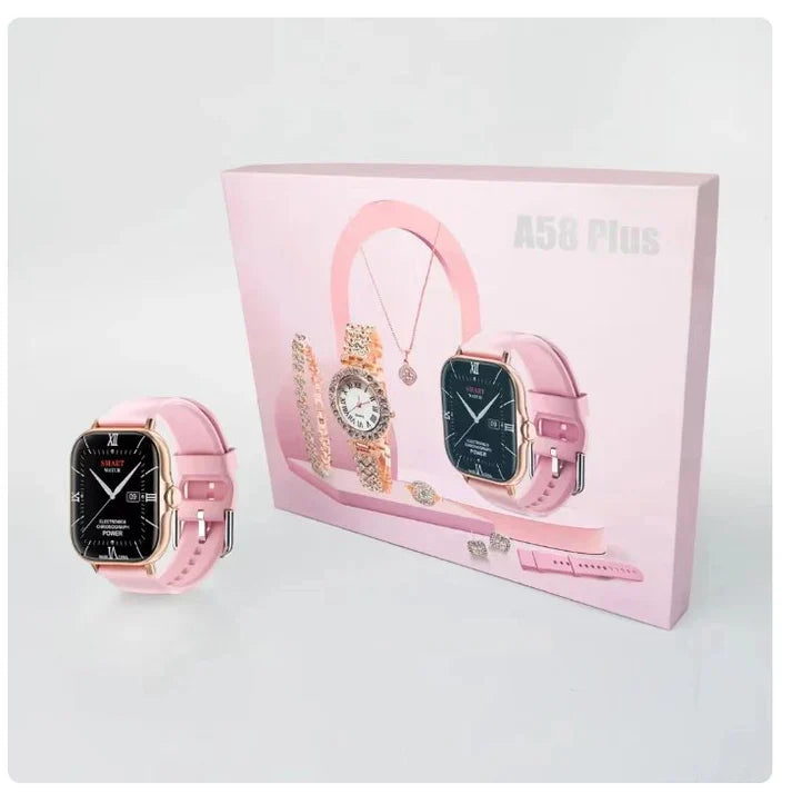 A58 Plus 5 IN 1 SmartWatch with Additional Women's Diamond Set Small Gold Watch Necklace Ring Earrings Bracelet Set Gift Box