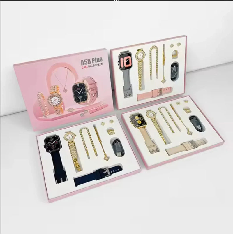 A58 Plus 5 IN 1 SmartWatch with Additional Women's Diamond Set Small Gold Watch Necklace Ring Earrings Bracelet Set Gift Box